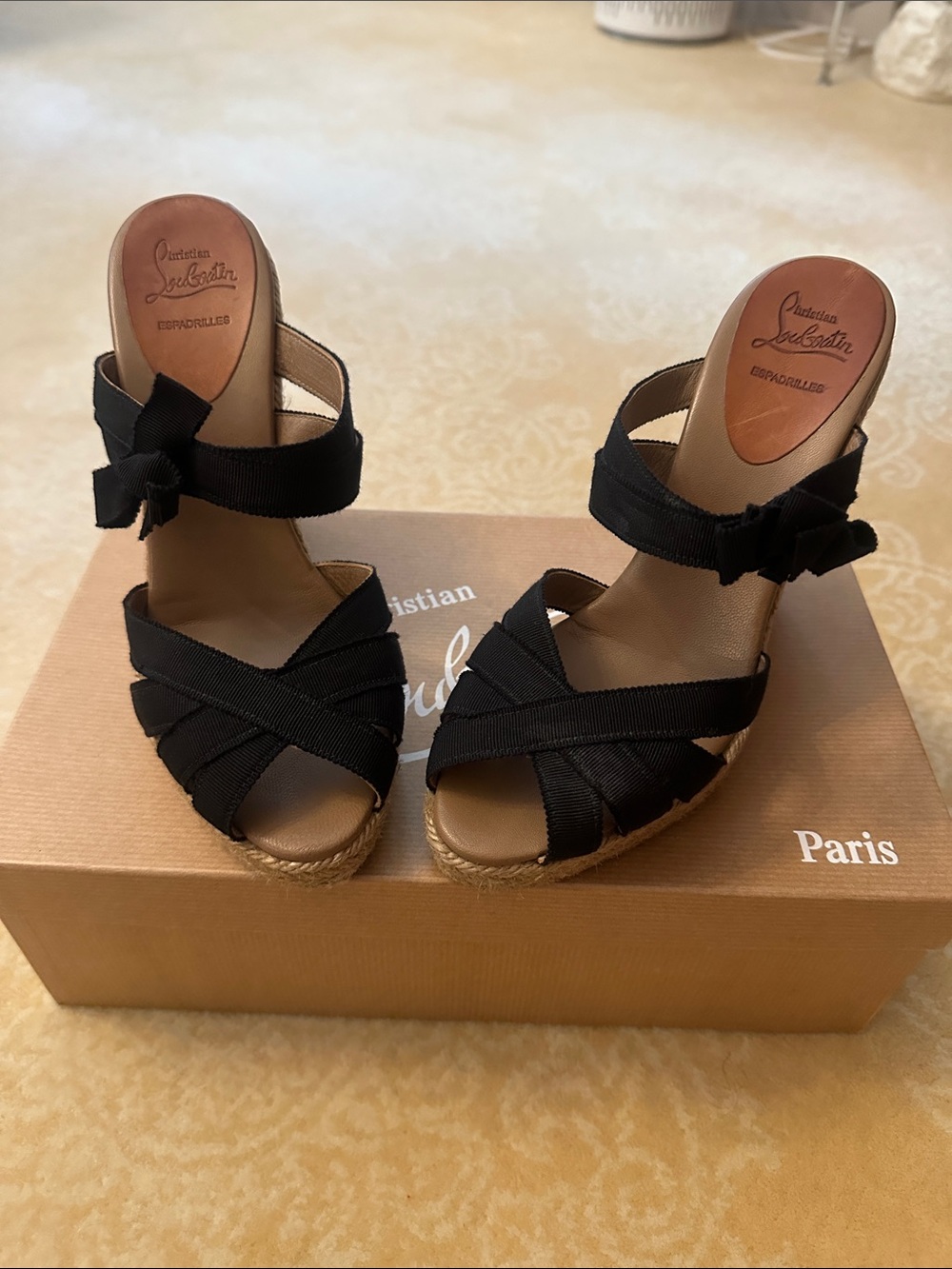 Christian Louboutin Black Espadrille Wedge Sandals with Ankle Tie